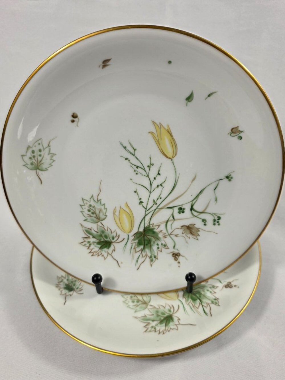 THREE Stonegate Spring Breeze Salad Plates White with Yellow Tulips Gold Trim